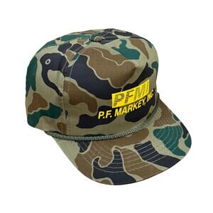 Vintage PFMI P.F. Markey Inc Camo Snapback Hat Yellow Logo Rope YoungAn Cap